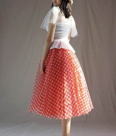Women RED Plaid Tulle Skirt High Waisted Plus Size Long Tulle Skirt