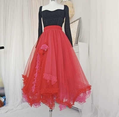 High Low Tulle Skirt, Red Layered Tulle Tutu Skirt Outfit , Plus Size Ruffle Tulle Skirt