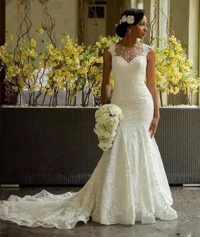 African Mermaid Wedding Dresses Illusion Neckline Country Bridal Gowns Nigerian Lace Covered Button Back Sexy Aso Ebi Lace Wedding Dress
