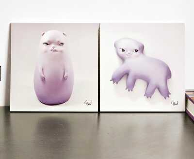Set Ceramic Tile "Duality in Purple: Imaginary Creatures" by Clementine Bal