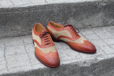 Crafted Leather Handmade Tan and Beige Suede Leather Wingtip Oxford Lce up Dress Oxford