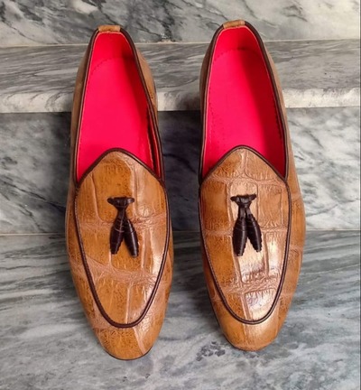 Brown Crocodile Texture Leather Tassel Men Loafer Dress Shoes
