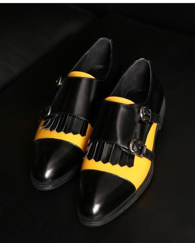 Bespoke Handmade Men's Leather Double Monk Cap Toe Shoes Handcrafted Fringe Style Formal Wear Men's Shoes