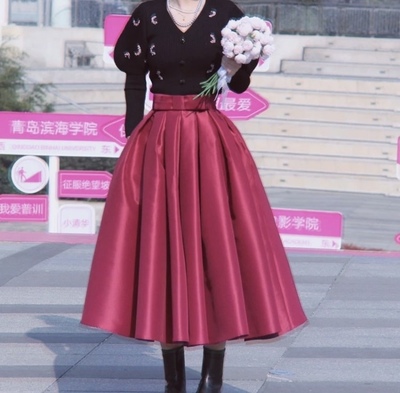 Red A-line Satin Skirt Outfit , Women Custom Plus Size Pleated Skirt , A-line Holiday Party Skirt with Pockets