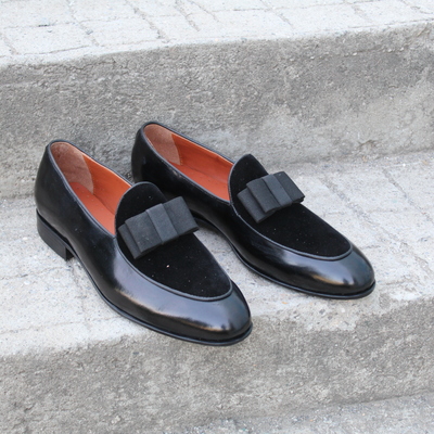 Crafted leather black calf and velvet contrast opera pumps loafers dress shoes - Thumbnail 5