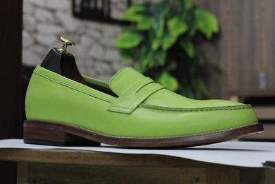 Handmade Men's Green Leather, Penny Loafer Shoes ,Slip on Moccasion Shoes