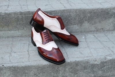 Crafted Leather Bespoke Handmade Men Dress Shoes Brown White Leather Wingtip Oxford