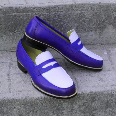 Crafted leather classic blue white leather moccasin loafers dress shoes - Thumbnail 3