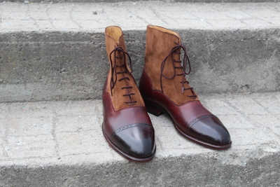 Crafted Leather Custom Made Dress Shoes Burgundy Leather Brown Suede Ankle High Lace up Boot