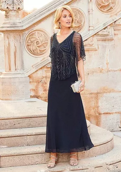 Mother Off Bride Dresses Chiffon Navy Blue V Neck Crystal Beading Short Sleeves Tea Length With Wrap Cape Plus Size wedding guest dress