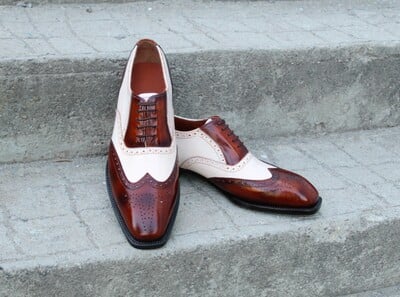 Crafted Leather Classic Dress Shoes Brown White Leather Wingtip Oxford