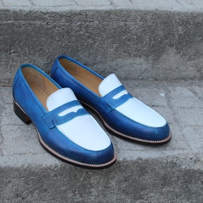Crafted leather classic blue white leather moccasin loafers dress shoes - Thumbnail 5