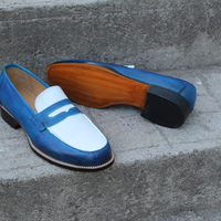 Crafted Leather Classic Blue White Leather Moccasin Loafers Dress Shoes - Thumbnail 2