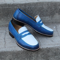 Crafted Leather Classic Blue White Leather Moccasin Loafers Dress Shoes - Thumbnail 3