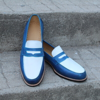 Crafted Leather Classic Blue White Leather Moccasin Loafers Dress Shoes - Thumbnail 1