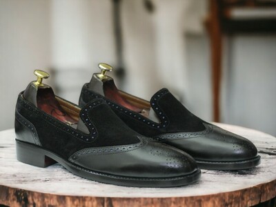 Handmade Men's Black Leather And Suede Shoes ,Brogue Toe Designer Shoes