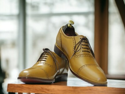 Handmade Men's Tan Leather Shoes ,Lace up Dress Shoes ,Fashion Shoes