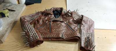 Crafted Leather Women PUNK Military Brown Jacket. Spiked Steam Punk Studded Leather Jacket