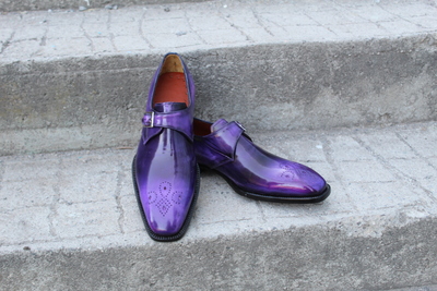 Crafted Leather Classic Purple Patina Leather Monk Strap Dress Shoes