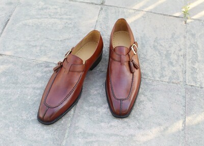 Crafted Leather Designer Handmade Unique Brown Leather Monk Strap Dress Shoes