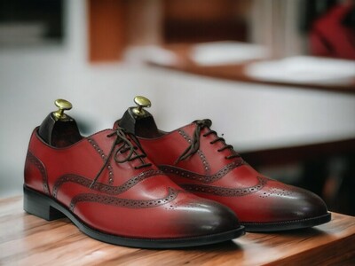 Handmade Men's Two Shaded Burgundy Leather Shoes ,Lace up Dress Oxford Shoes