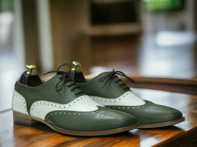 Handmade Men's White and Green Leather Shoes ,Lace up ,Brogue Toe Shoes