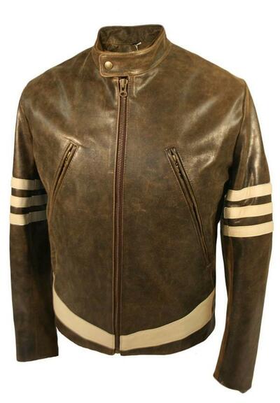 X-Men 1 Wolverine Style Leather Jacket with Cream Stripes As Worn by Hugh Jackma