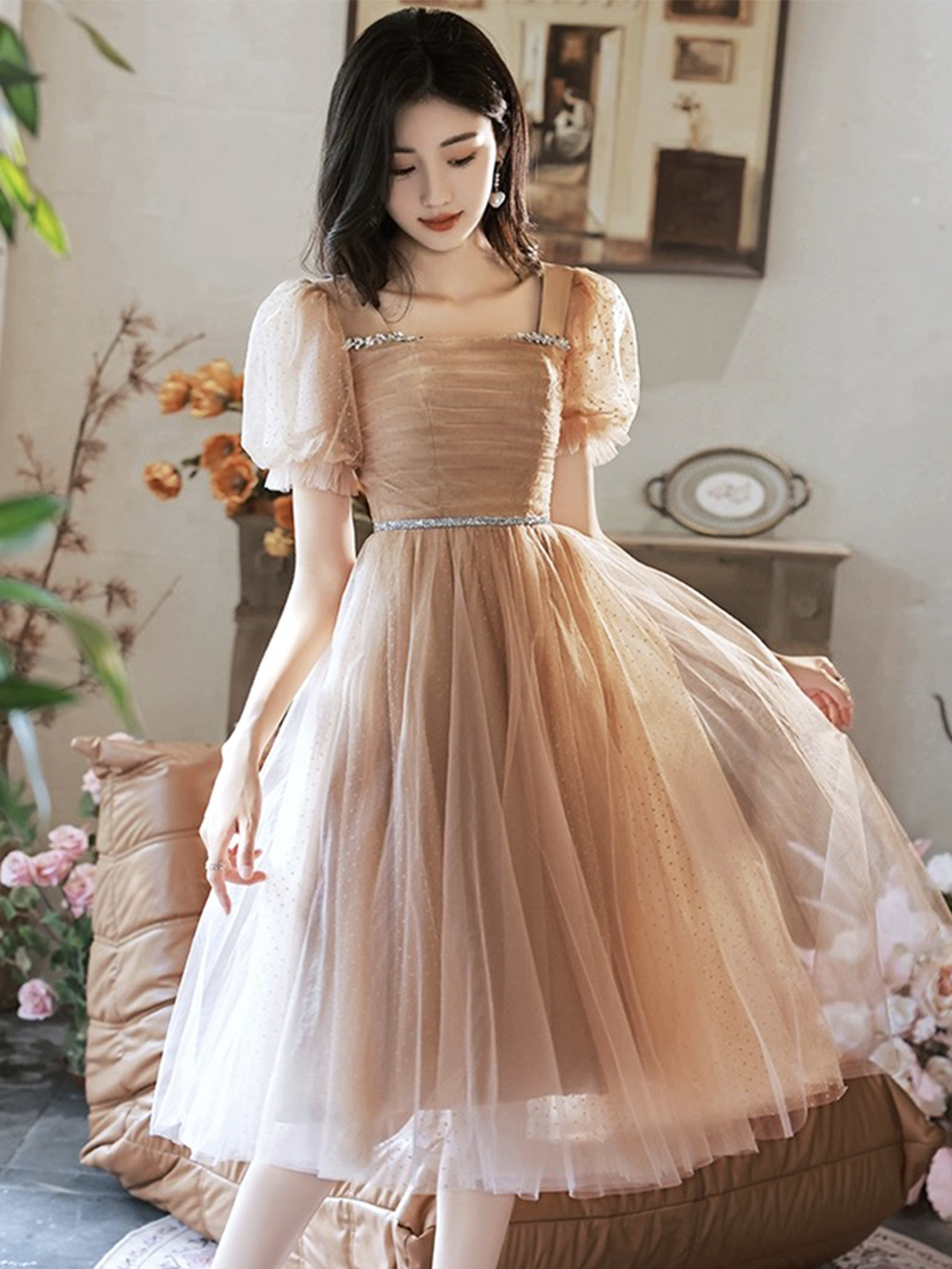 Brown Tulle Short Sleeve Party Dress