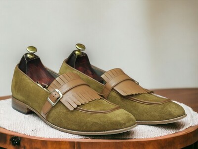 Handmade Men's Mustard Suede Shoes ,Fringe Buckle Loafer Shoes
