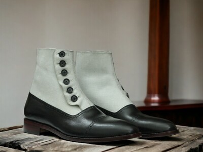Handmade Men's Black and White Leather and Suede Boot ,Ankle High Button Boot