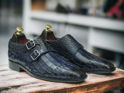 Handmade Men's Blue Leather Shoes ,Alligator Print Double Buckle Shoes