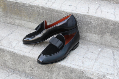 Crafted Leather Black Calf and Velvet Contrast Opera Pumps Loafers Dress Shoes