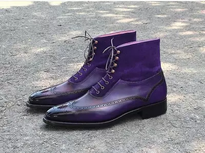 New Men's Handmade Leather Suede Purple Lace Up Wing Tip Brogue, Men's Boots