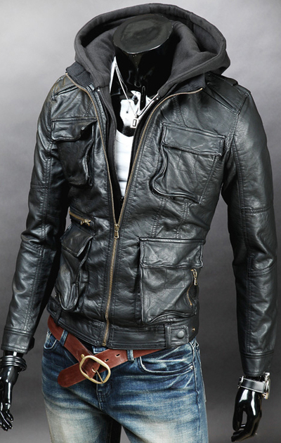 MEN'S HANDMADE DETACHABLE FABRIC HOODED LEATHER JACKET, BIKER LEATHER JACKET MEN