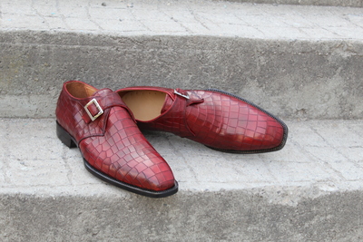 Crafted Leather Classic Red Crocodile/Alligator Monk Strap Dress Shoes
