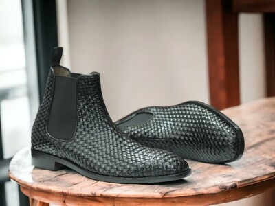 Handmade Men's Black Woven Leather Boot ,Ankle High Luxury Boot
