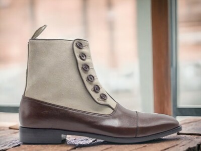 Handmade Men's Two Tone Brown Leather and Suede Boot ,Button Ankle High Boot