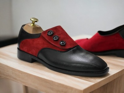 Handmade Men's Black And Red Leather and Suede Shoes ,Side Button Casual Shoes