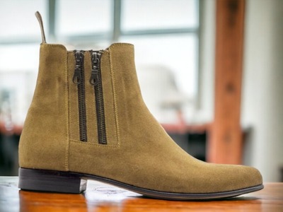 Handmade Men's Tan Suede Boot ,Ankle High Side Double Zipper Boot