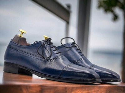 Nevi Blue Handmade Men's Leather Shoes ,Cap Toe Lace Up Shoes