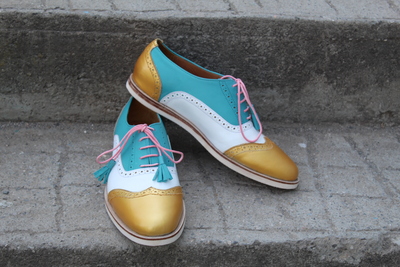 Crafted Leather Handmade Classic Tri Tone Leather Brogue Wingtip Oxford Lace up Dress Shoes