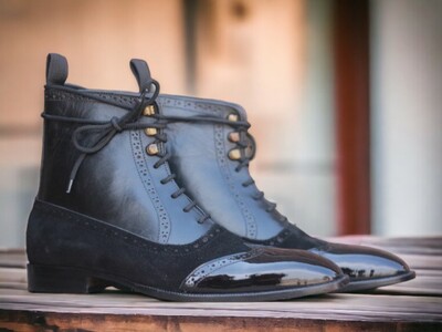 Handmade Men's Black Leather and Suede Boot ,Lace Up Wing Tip Ankle High Boot