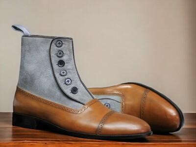Handmade Men's Tan and Gray Boot ,Ankle High Button Top Cap Toe Leather Suede Boot