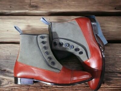 Handmade Men's Red and Gray Boot ,Ankle High Button Top Cap Toe Leather Suede Boot