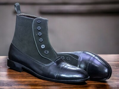 Handmade Men's Black Boot ,Ankle High Button Top Cap Toe Leather Suede Boot
