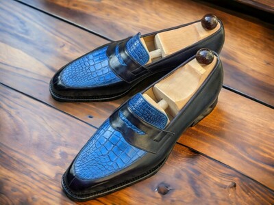 Handmade Men's Black and Blue Leather Shoes ,Alligator Texture Penny Loafer Shoes