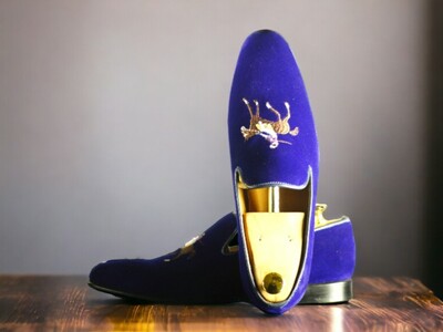 Handmade Men's Blue velvet Embroidered Loafer Dress Shoes