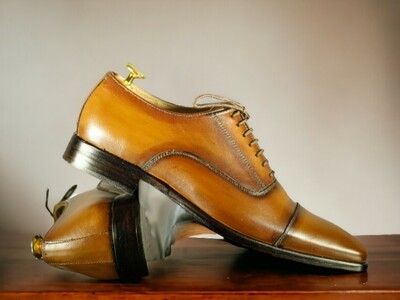 Handmade Men's Tan Leather Shoes ,Lace Up Cap toe Shoes