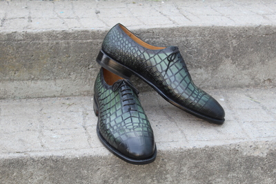 Crafted Leather Black Green Classic Crocodile/Alligator Oxford Dress Shoes