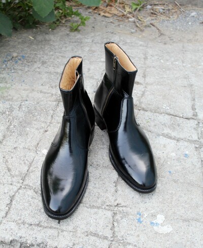 Crafted Leather Bespoke Dress Shoes Glassy Black Patent Leather Side Zipper Ankle High Boot